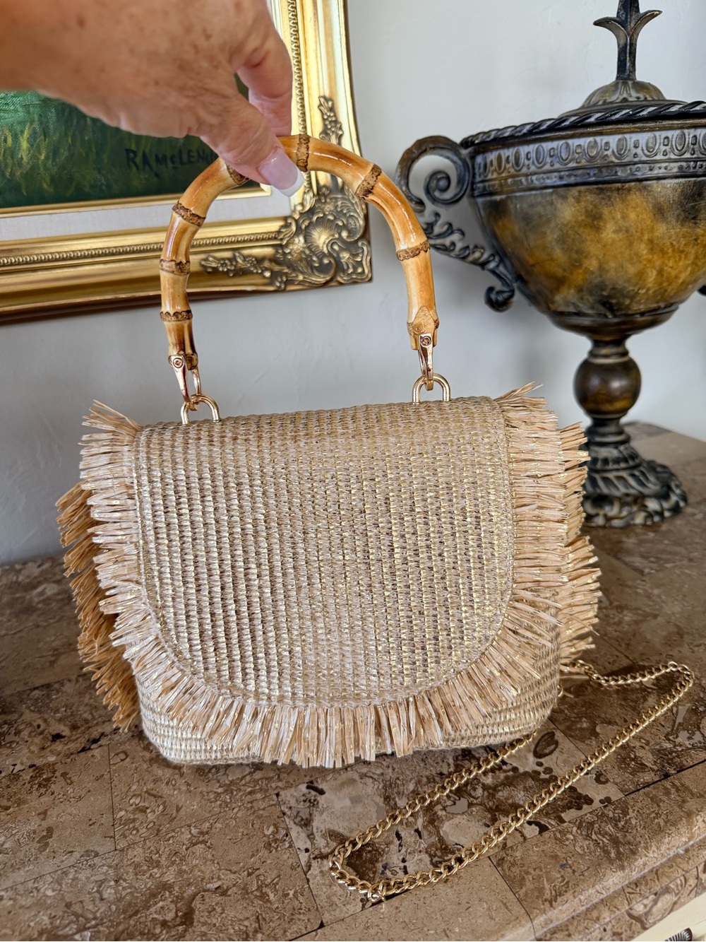 NWOT Tommy Bahama Natural Straw Fringe Handbag with Bamboo Handle